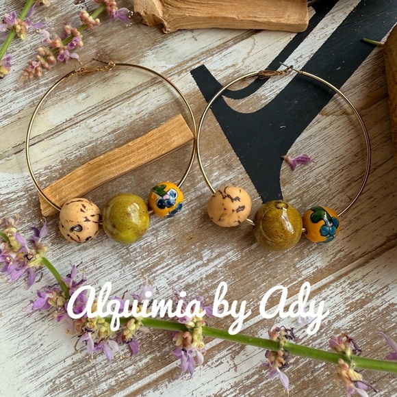 Alquimia Gold and Green Spherical Earrings big jasper - Picture 1 of 1